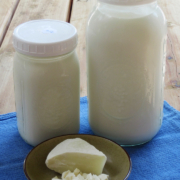 jars of milk and a bowl of cheese